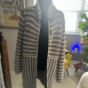Tory Burch Black & Cream Textured Open-Front Cardigan Coat